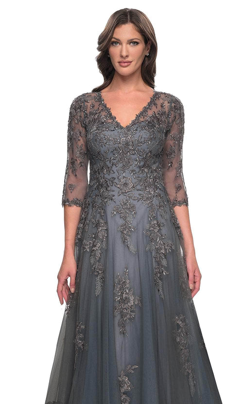 La Femme 30201 Tulle Embroidered Train V Neck Prom Dress
