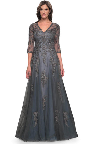 La Femme 30201 Tulle Embroidered Train V Neck Prom Dress