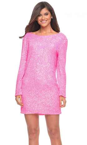 La Femme 30213 Neon Pink Sequined Long Sleeve Cocktail Dress