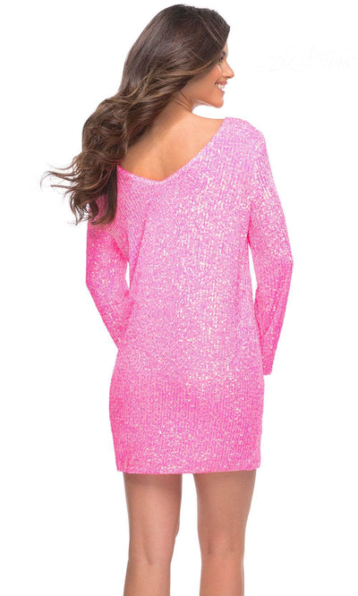 La Femme 30213 Neon Pink Sequined Long Sleeve Cocktail Dress