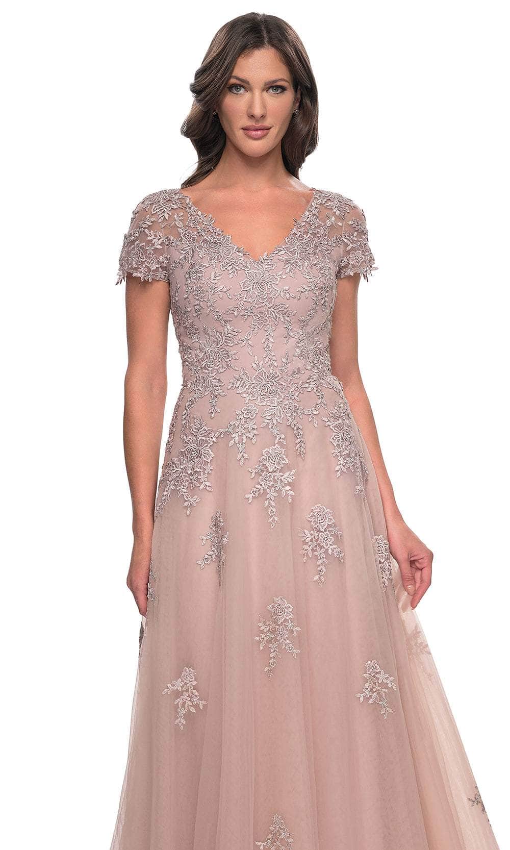 La Femme 30228 Lace Embroidered Illusion V Neck Formal Dress