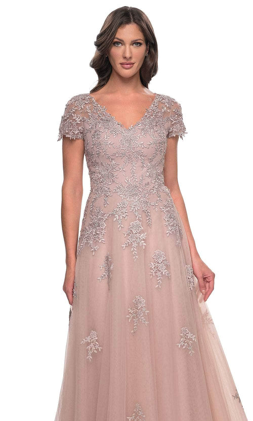 La Femme 30228 Lace Embroidered Illusion V Neck Formal Dress