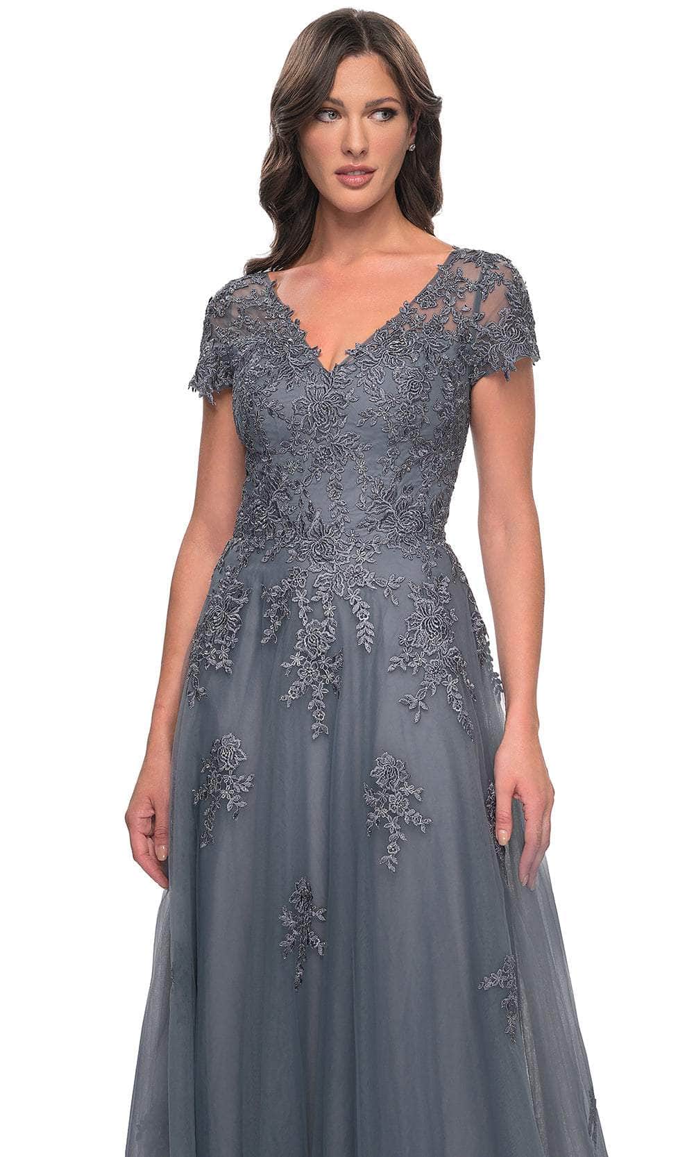 La Femme 30228 Lace Embroidered Illusion V Neck Formal Dress