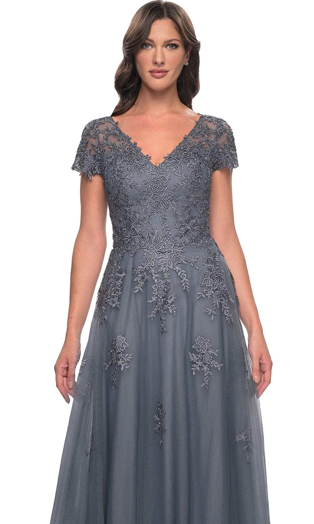 La Femme 30228 Lace Embroidered Illusion V Neck Formal Dress
