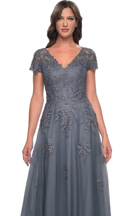 La Femme 30228 Lace Embroidered Illusion V Neck Formal Dress