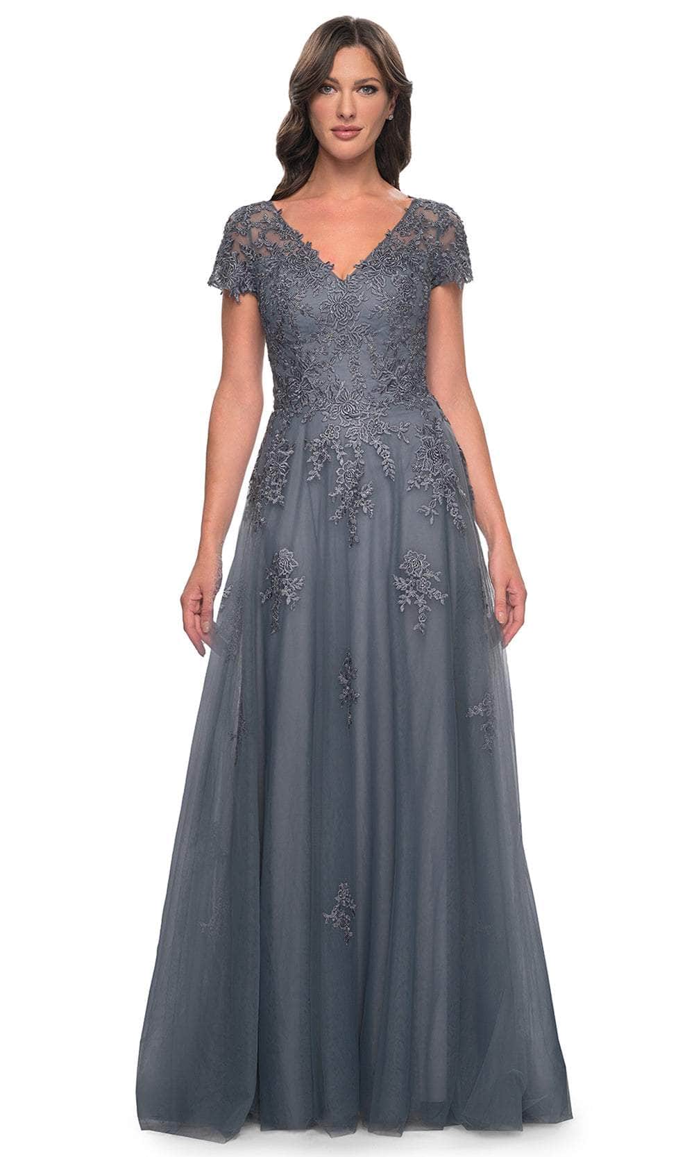 La Femme 30228 Lace Embroidered Illusion V Neck Formal Dress