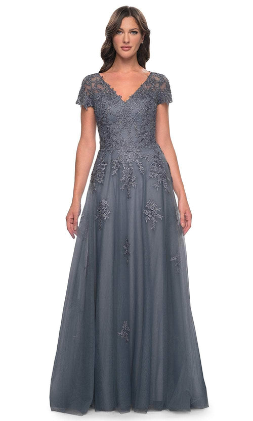 La Femme 30228 Lace Embroidered Illusion V Neck Formal Dress
