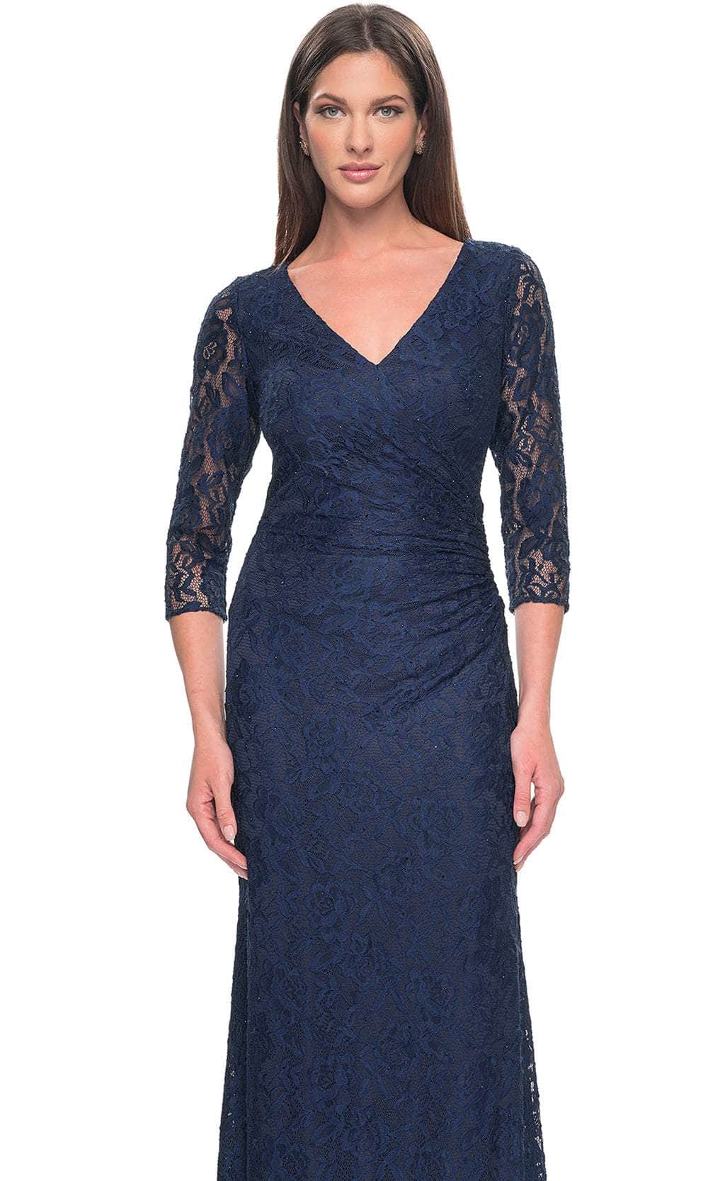 La Femme 30379 Lace Illusion Floral V Neck Formal Dress