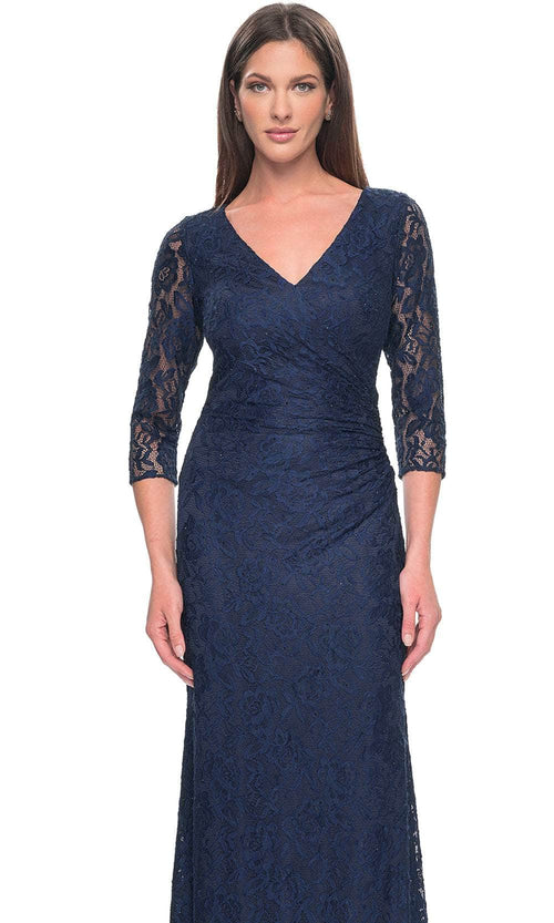 La Femme 30379 Lace Illusion Floral V Neck Formal Dress