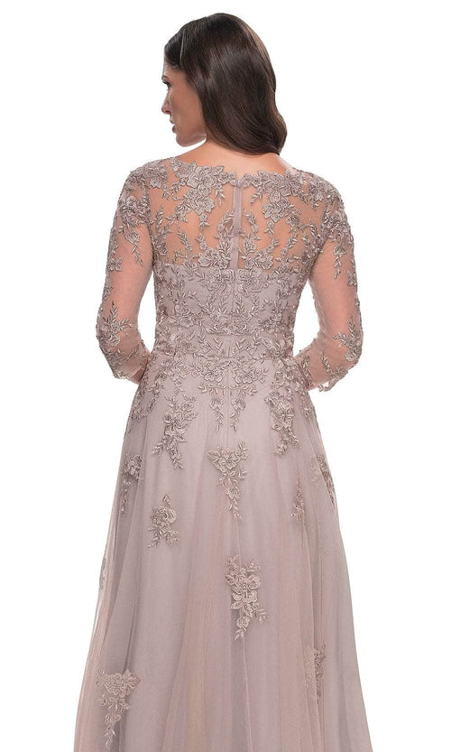 La Femme 30398 Jersey Illusion Floral V Neck Evening Gown