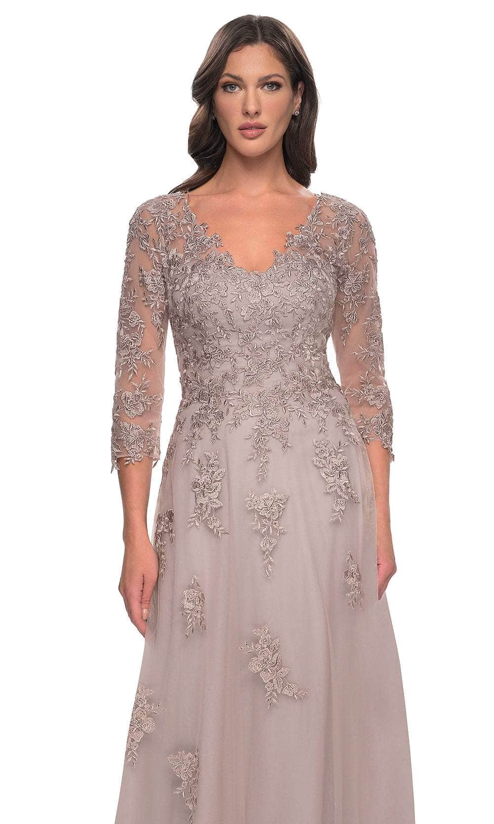 La Femme 30398 Jersey Illusion Floral V Neck Evening Gown