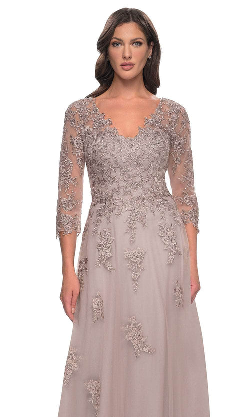 La Femme 30398 Jersey Illusion Floral V Neck Evening Gown
