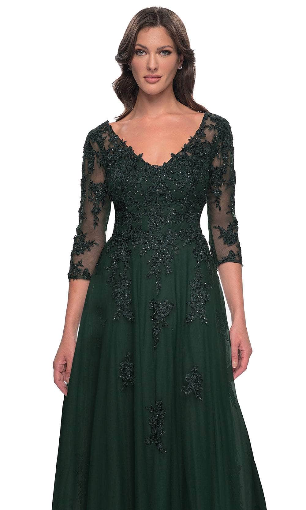 La Femme 30398 Jersey Illusion Floral V Neck Evening Gown