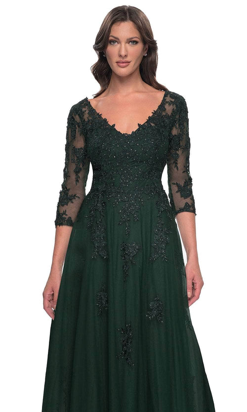 La Femme 30398 Jersey Illusion Floral V Neck Evening Gown