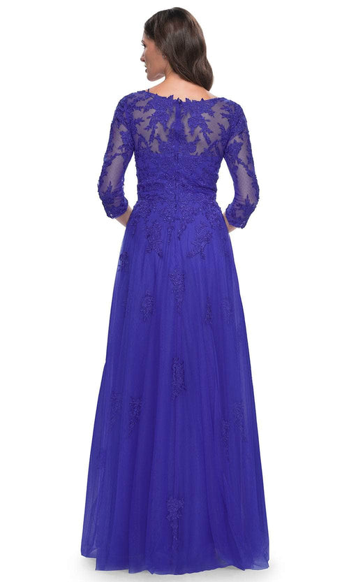 La Femme 30398 Jersey Illusion Floral V Neck Evening Gown