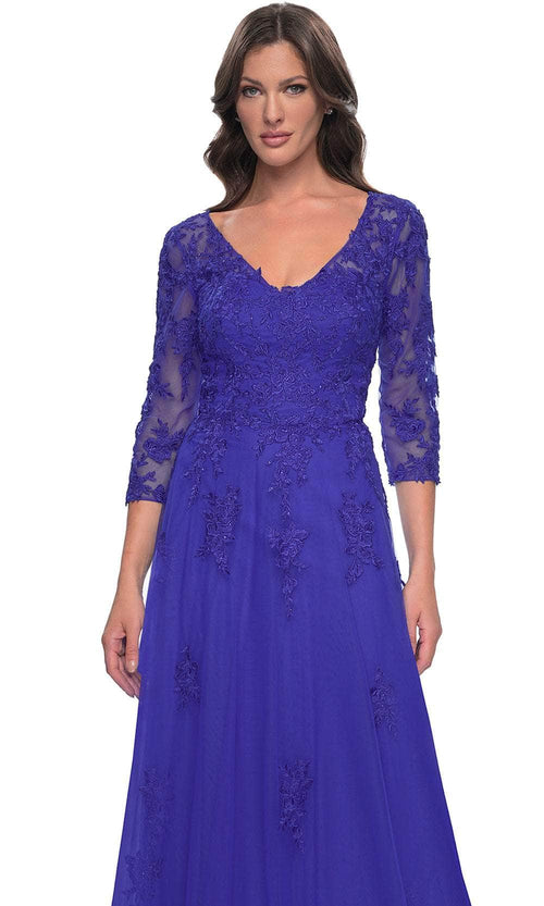 La Femme 30398 Jersey Illusion Floral V Neck Evening Gown