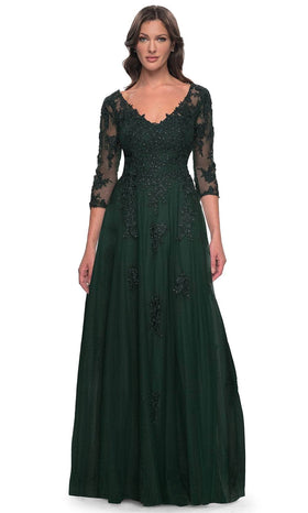 La Femme 30398 Jersey Illusion Floral V Neck Evening Gown
