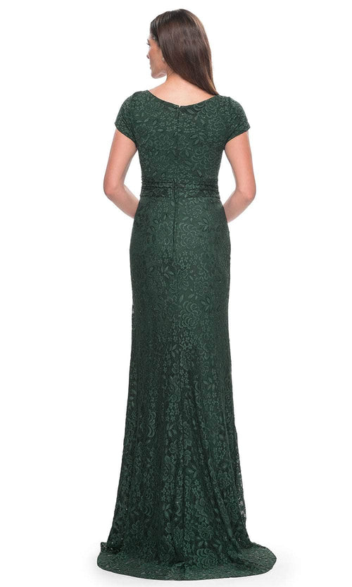 La Femme 30797 Lace Beaded Ruched V Neck Evening Gown