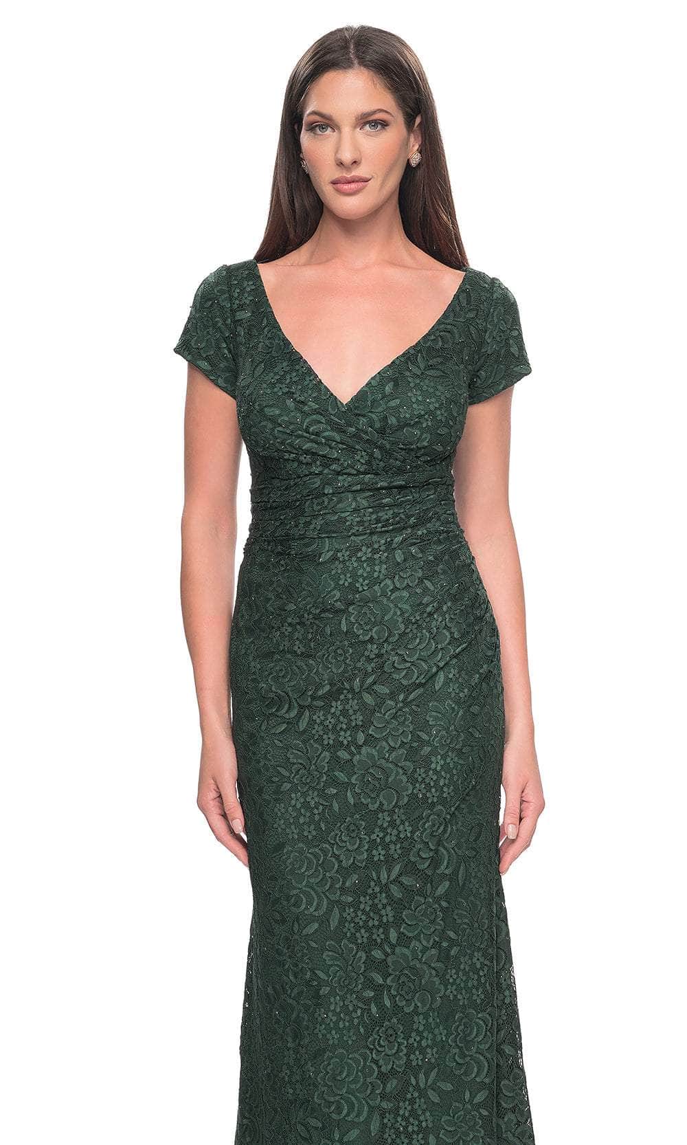 La Femme 30797 Lace Beaded Ruched V Neck Evening Gown