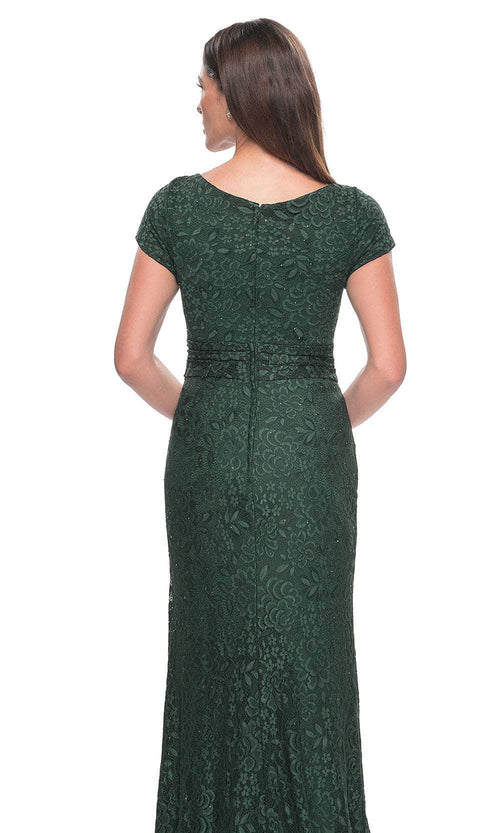 La Femme 30797 Lace Beaded Ruched V Neck Evening Gown