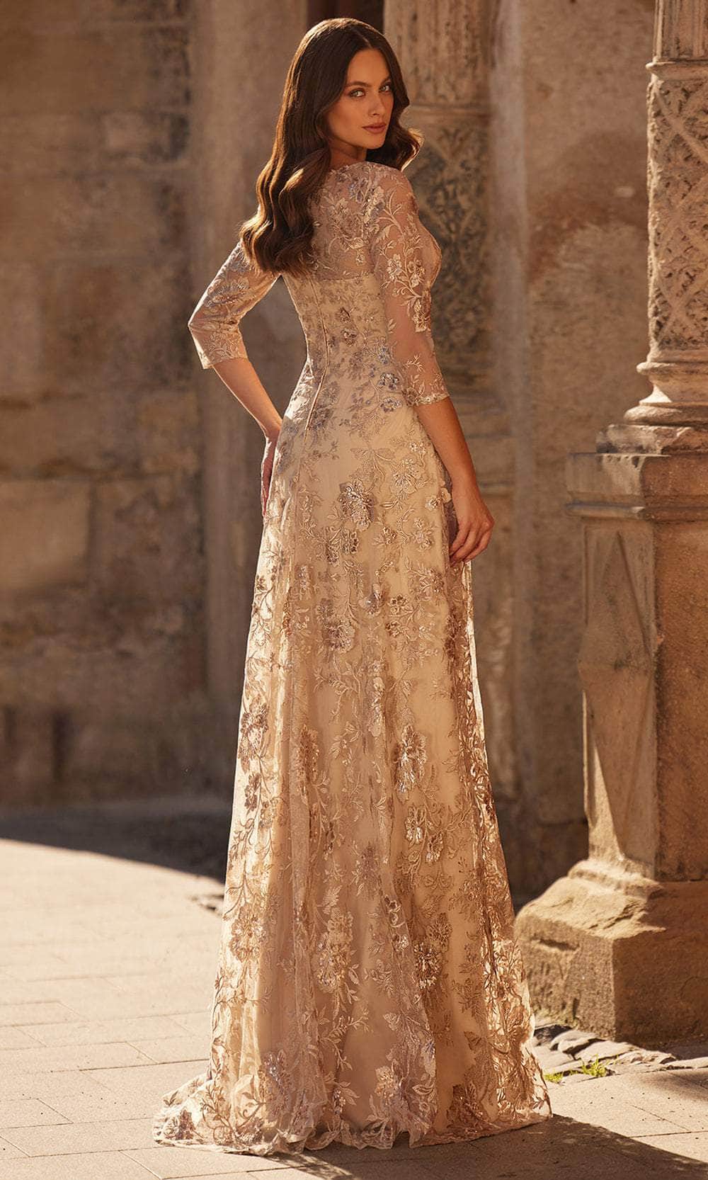 long sleeve gold lace prom dress La Femme 30803 V-Neck A-Line Evening Gown semi-custom gowns