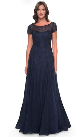 La Femme 30852 Tulle Illusion Bateau Short Sleeves Formal Dress