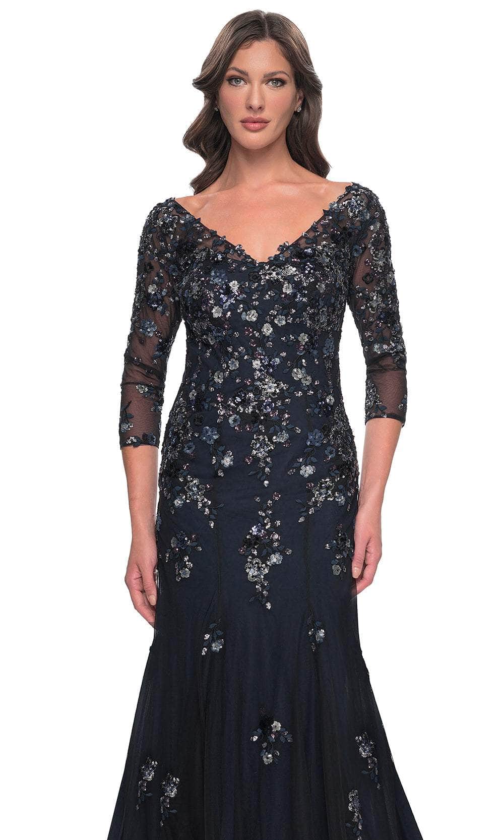 La Femme 30860 Lace Beaded Sequin V Neck Prom Dress