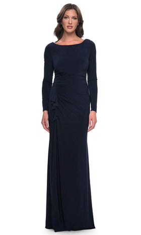 La Femme 30881 Jersey Ruched Open Back Bateau Evening Gown