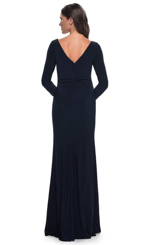 La Femme 30881 Jersey Ruched Open Back Bateau Evening Gown
