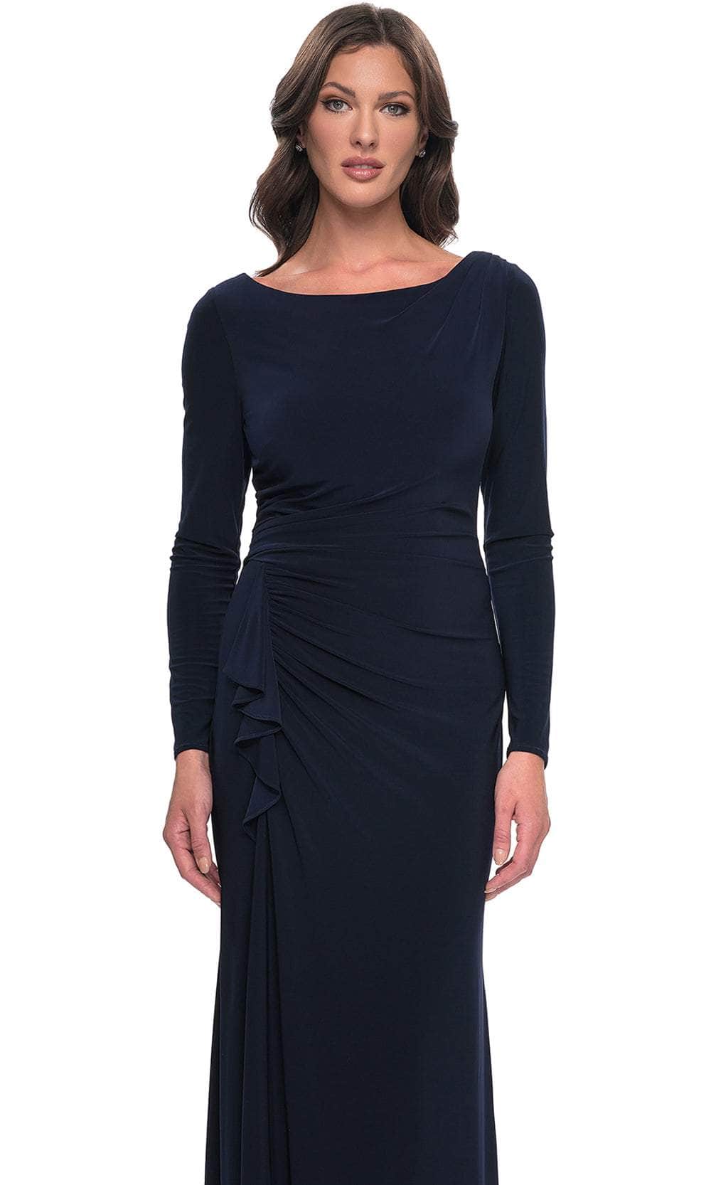 La Femme 30881 Jersey Ruched Open Back Bateau Evening Gown