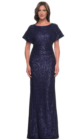 La Femme 30885 Sequin Open Back Sweetheart Short Sleeves Evening Gown