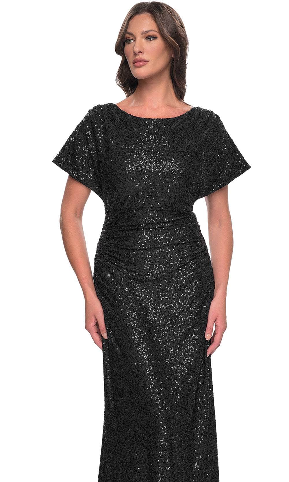 La Femme 30885 Sequin Open Back Sweetheart Short Sleeves Evening Gown