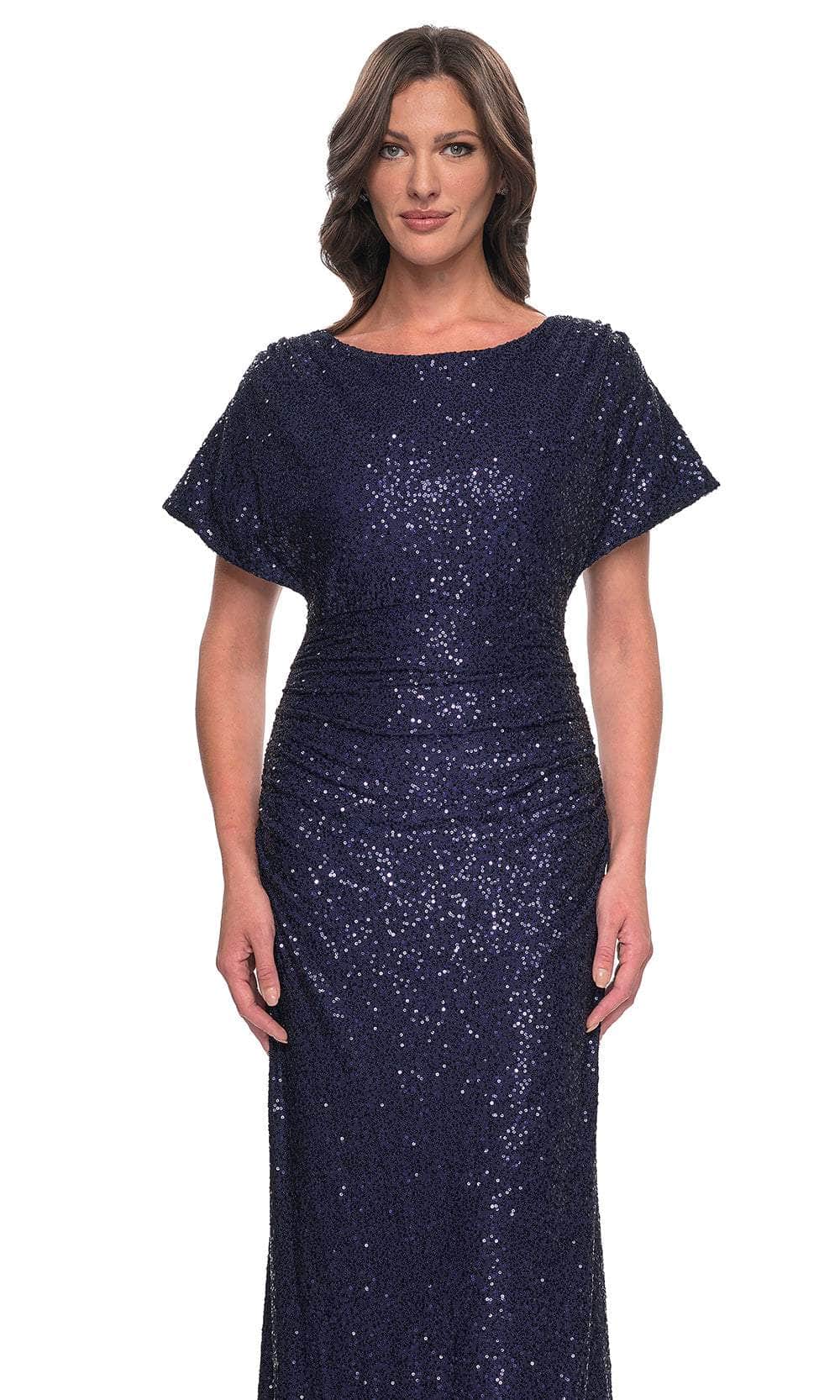 La Femme 30885 Sequin Open Back Sweetheart Short Sleeves Evening Gown
