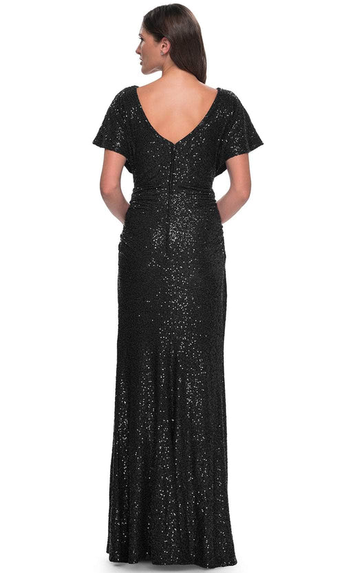 La Femme 30885 Sequin Open Back Sweetheart Short Sleeves Evening Gown