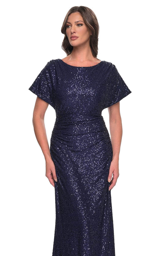 La Femme 30885 Sequin Open Back Sweetheart Short Sleeves Evening Gown