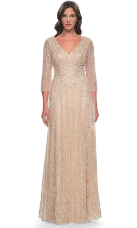La Femme 30911 Beaded Sequin Ruched V Neck Formal Dress