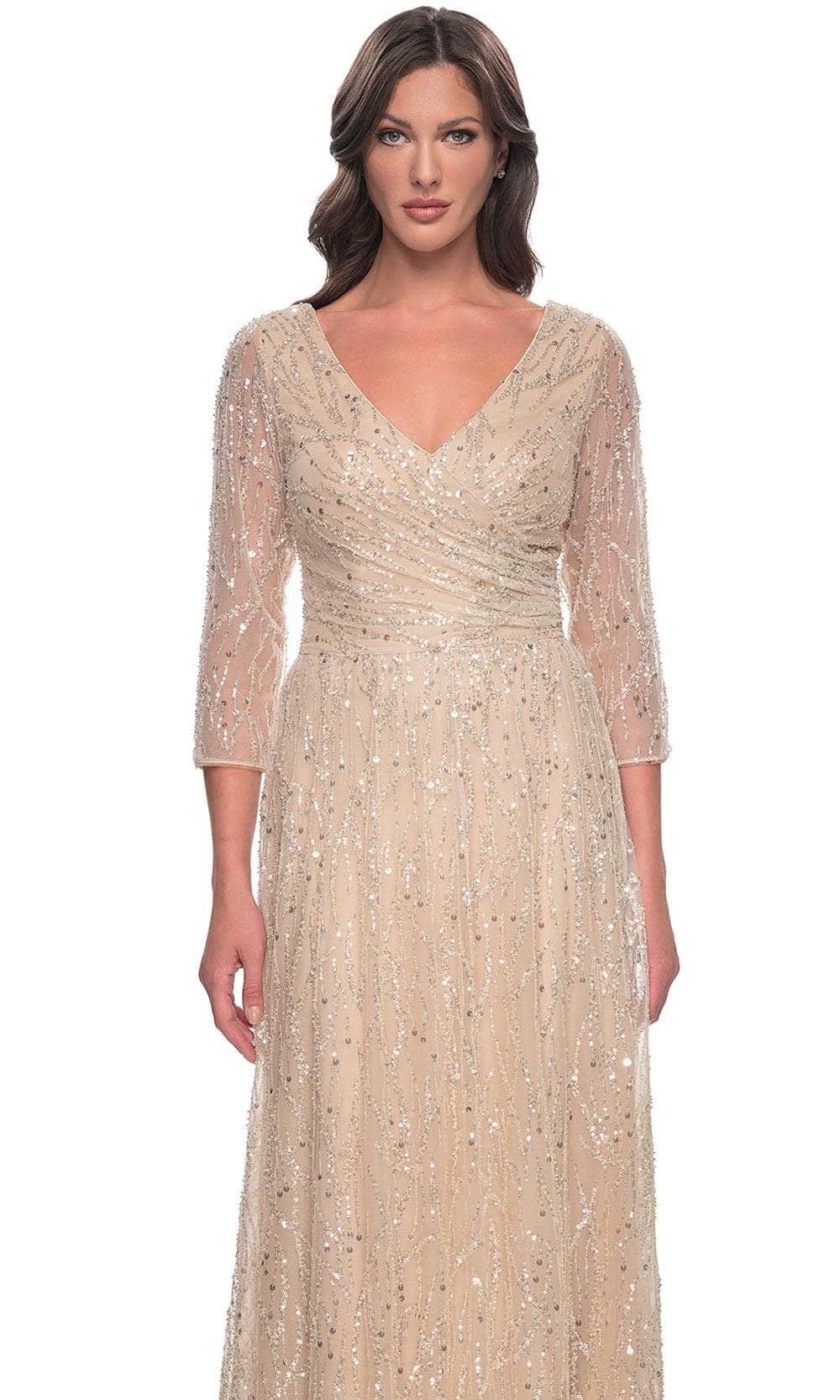 La Femme 30911 Beaded Sequin Ruched V Neck Formal Dress