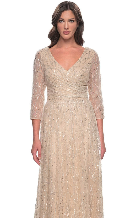 La Femme 30911 Beaded Sequin Ruched V Neck Formal Dress