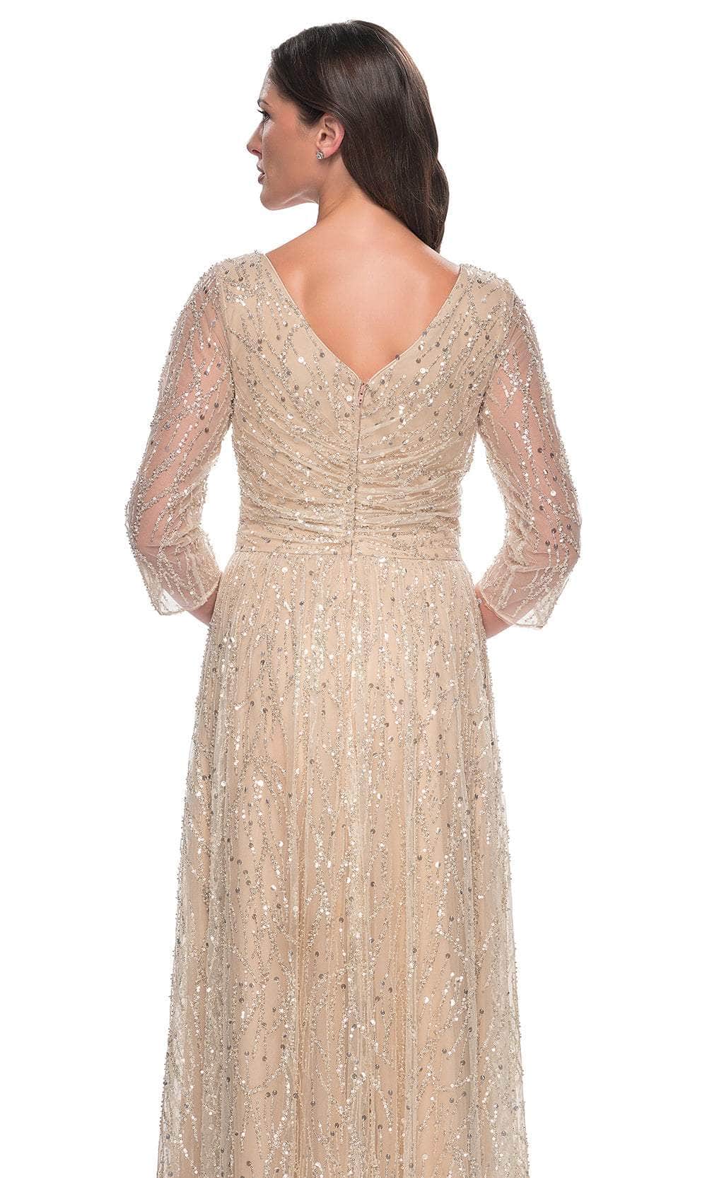 La Femme 30911 Beaded Sequin Ruched V Neck Formal Dress