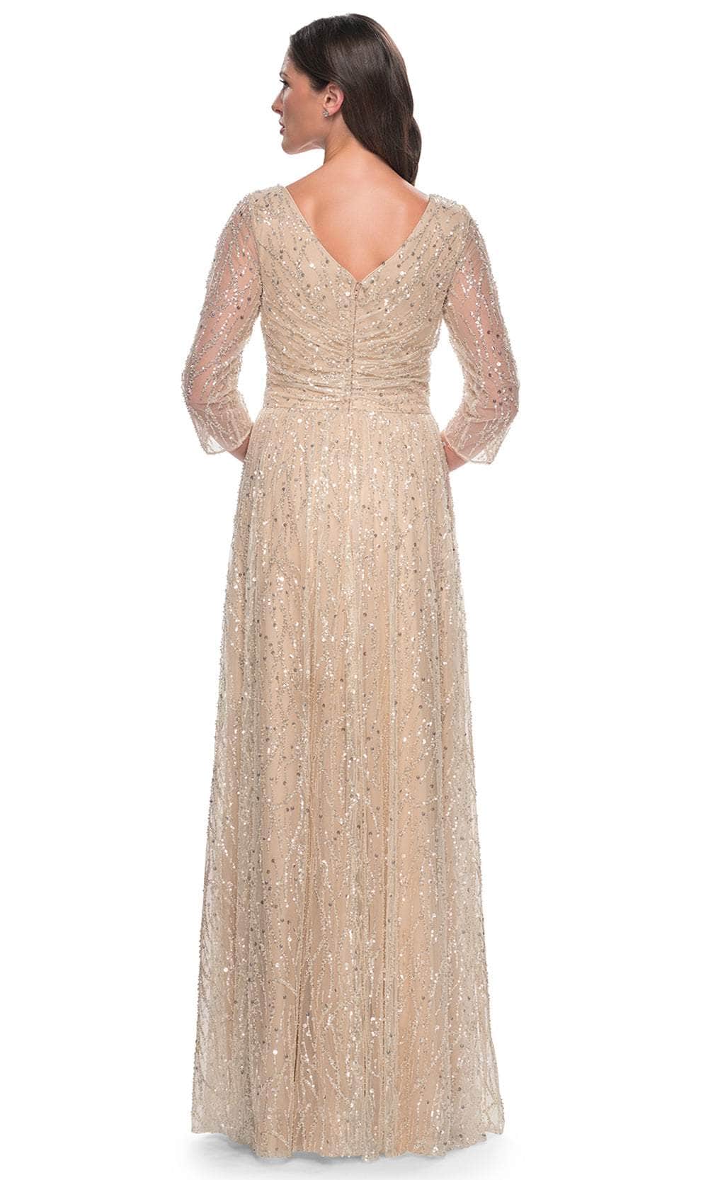 La Femme 30911 Beaded Sequin Ruched V Neck Formal Dress