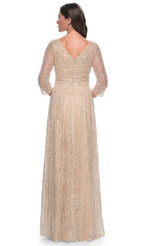 La Femme 30911 Beaded Sequin Ruched V Neck Formal Dress