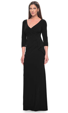 La Femme 30967 Jersey Ruched Open Back V Neck Evening Gown