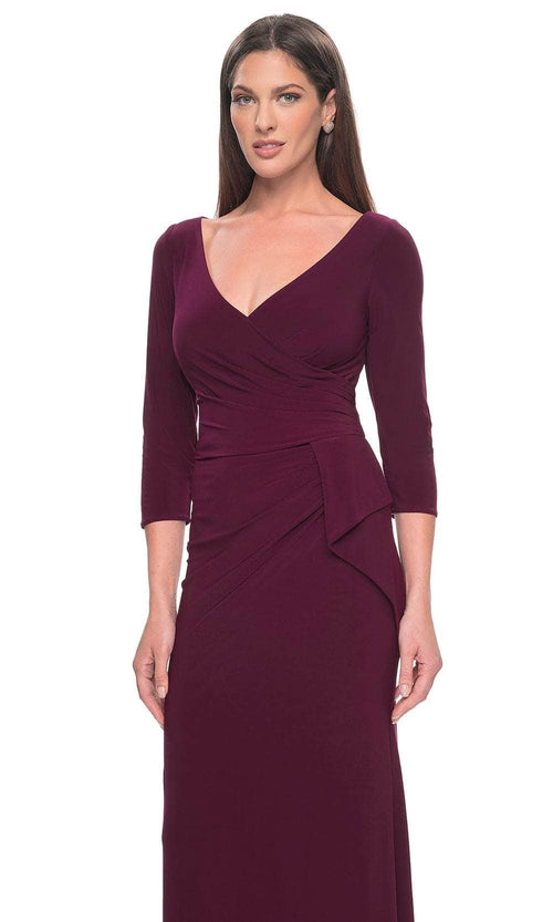 La Femme 30967 Jersey Ruched Open Back V Neck Evening Gown