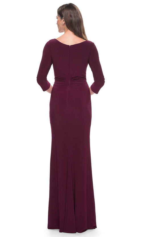La Femme 30967 Jersey Ruched Open Back V Neck Evening Gown