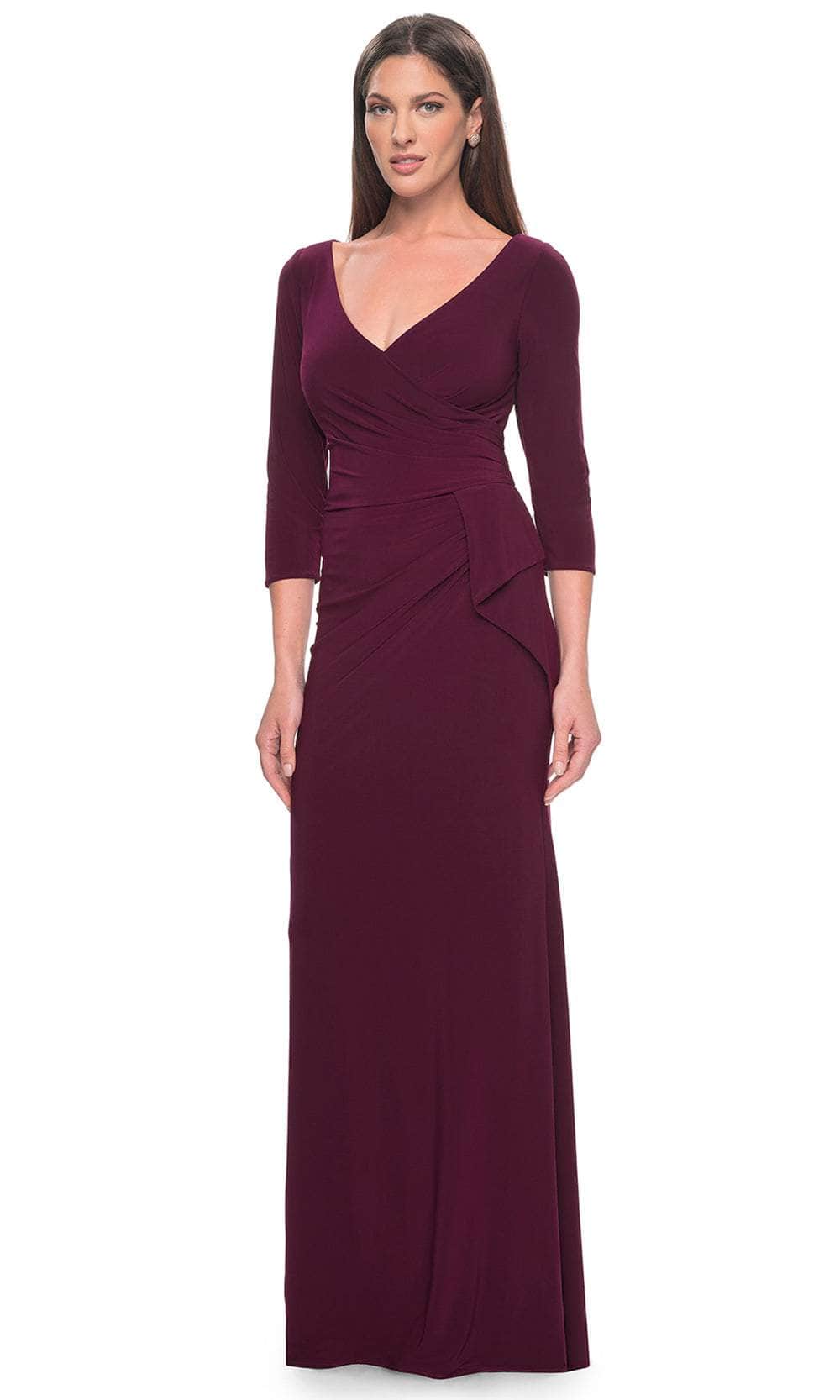 La Femme 30967 Jersey Ruched Open Back V Neck Evening Gown