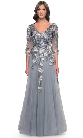 La Femme 30968 Tulle Embroidered Lace Applique V Neck Formal Gown