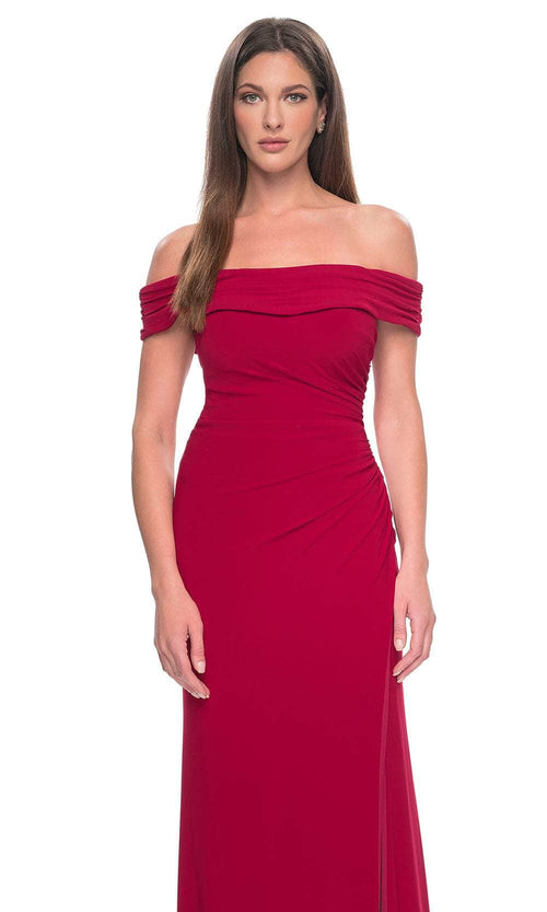 La Femme 31086 Jersey Ruched Open Back Off the Shoulder Evening Gown
