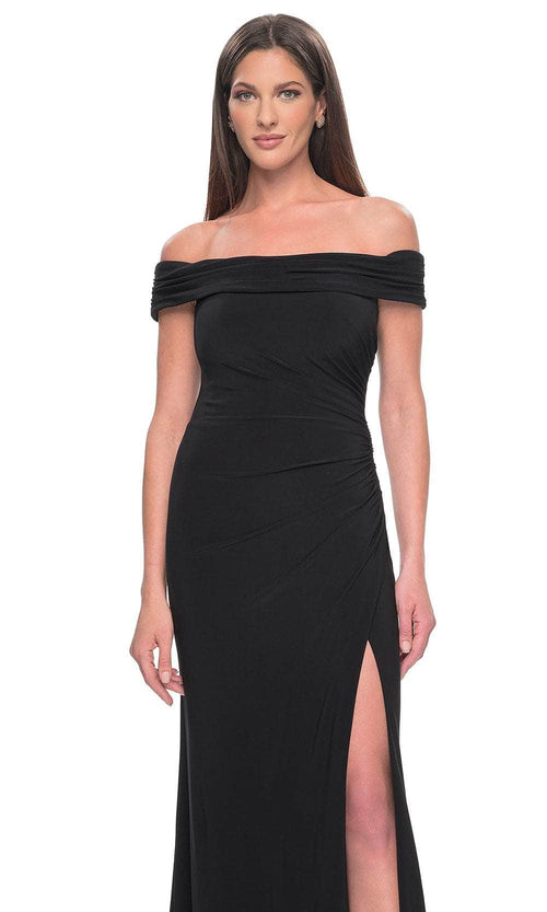 La Femme 31086 Jersey Ruched Open Back Off the Shoulder Evening Gown
