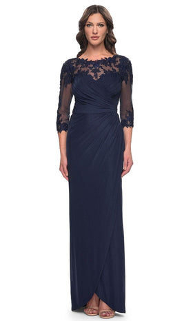 La Femme 31093 Jersey Illusion Floral V Neck Evening Gown