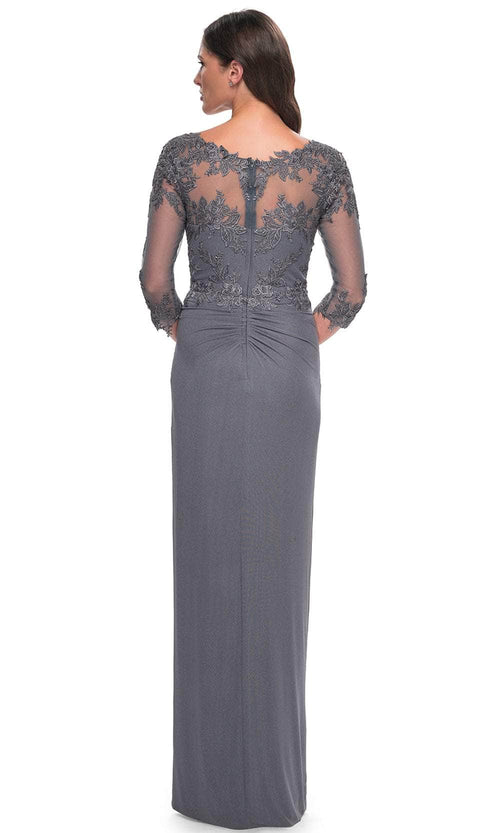 La Femme 31093 Jersey Illusion Floral V Neck Evening Gown